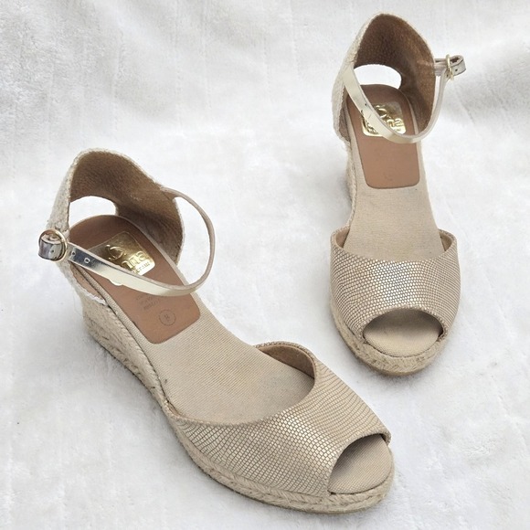 Kanna‎ Espadrille Wedge Sandals Peep Toe Ankle Strap Gold Size 38 - Picture 2 of 10